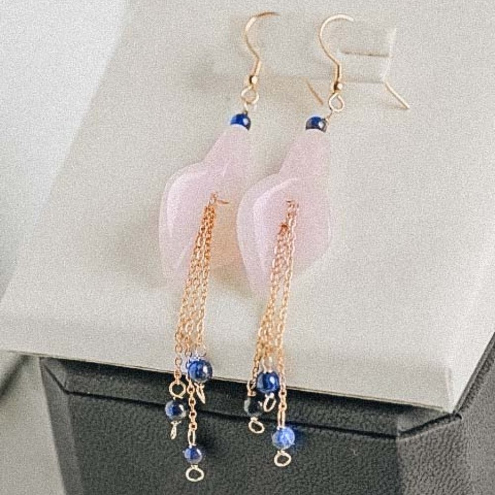 Natural Pink Quartz Dangle Earrings Natural Gemstone Flower Earrings For Her - Picture 3 of 8